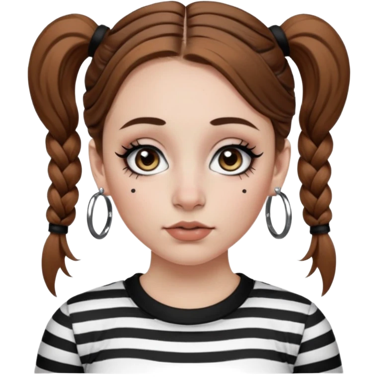 a white girl with brown hair in very low pigtails black eyeliner big false eyelashes with a septum piercing nose piercing big hoop earings dermals close to the eyes one on each side wearing a black and white striped long sleeve shirt emoji