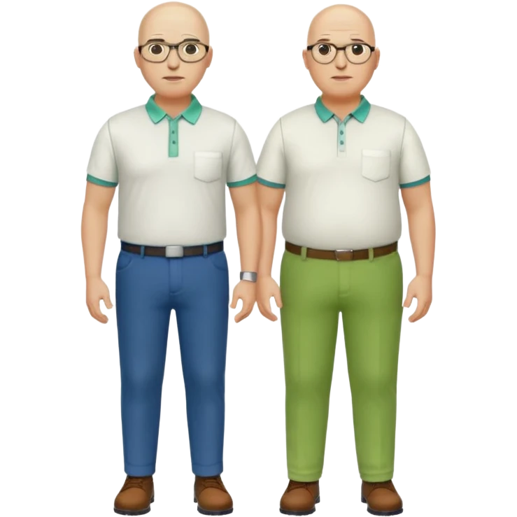 two guys, the first guy is white bald have glases a white dressshirt with rolled up sleeves and green pants he is over weight, The second guy has a yellow skin white golf shirt blue jeans and bald they should stand next to eachother emoji