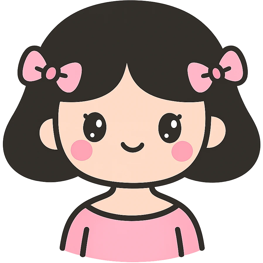 girl with black chanel haircut, pink bows, coquette look, sweet expression emoji