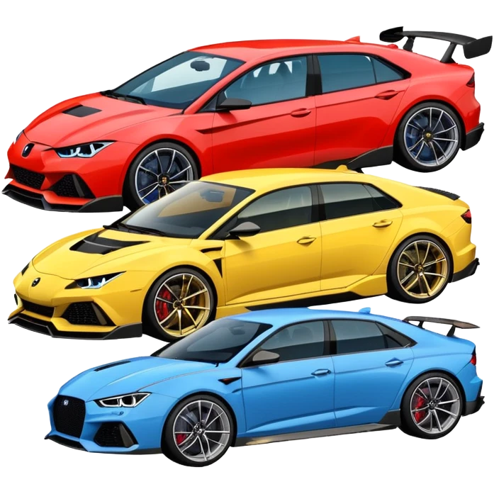 three cars lineup front profile forming a semi circle with a lamboghini svj an bmw m140i and a audi rs6 emoji