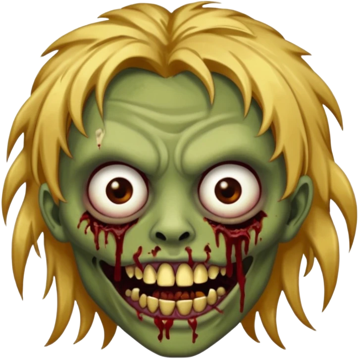 Brown-skinned zombie with messy gold hair, wide centered brown eyes, dark bloody marks under the eyes, and a slightly open mouth showing crooked teeth grillz, giving a distressed, undead look. emoji