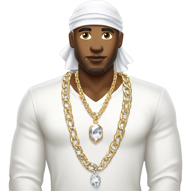 a black rich man wearing a white durag, white shirt, diamond earrings and diamond chain emoji