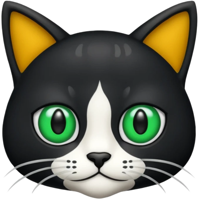 crie uma imagem de um gato preto com uma mancha branca no peito o gato tem olho verde  tudo no estilo de animação emoji