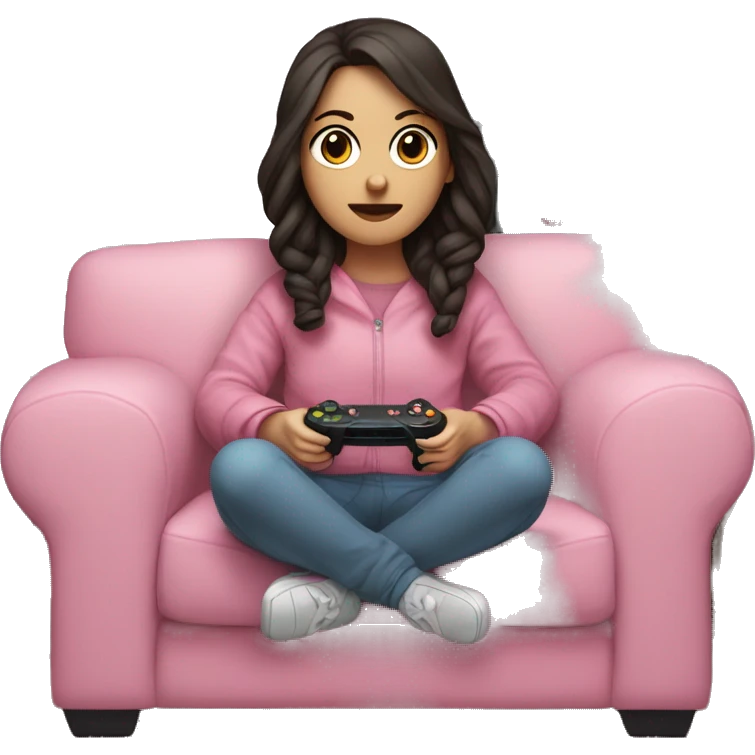 White girl with dark hair wrapped up in a blanket sitting on a couch with a pink gaming controller in her hands emoji