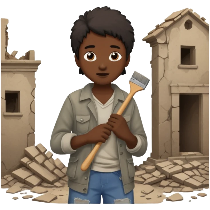 Character brushing dust off themselves as ruins fall behind emoji