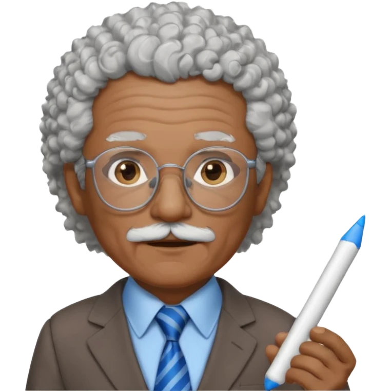 old man teacher, brown skin, curly grey white hai, wearing glasses, brown suit, blue tie hold chalk on hand emoji