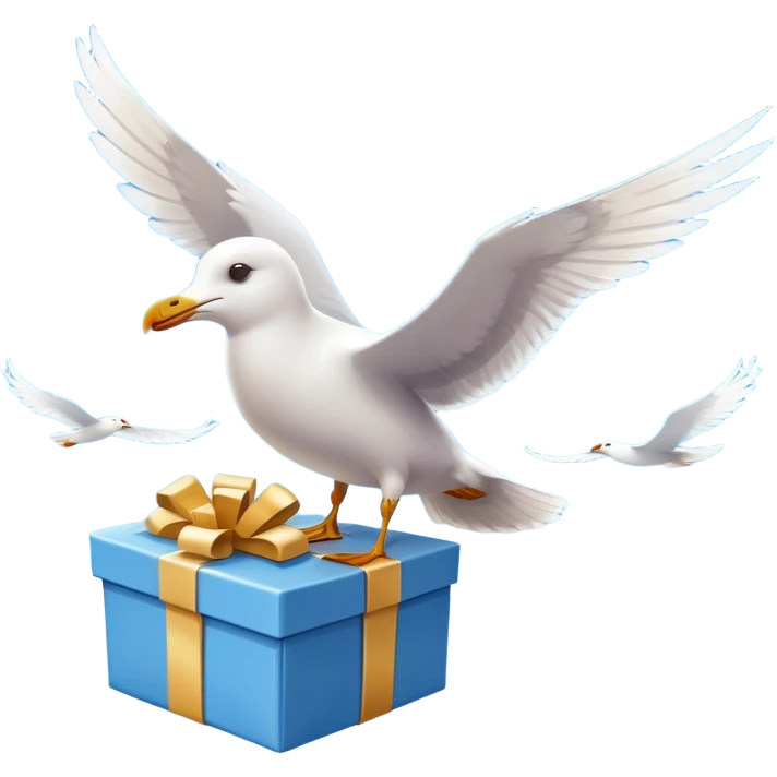 The seagull takes gift box in his wings emoji