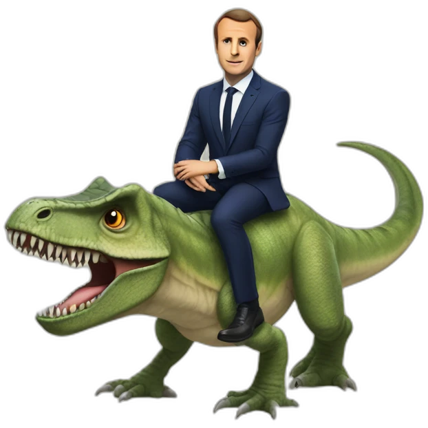 Macron sur un dinosore emoji