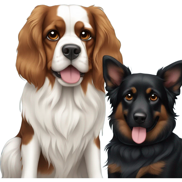 Tricolor King Charles spaniel and a black German shepherd  emoji