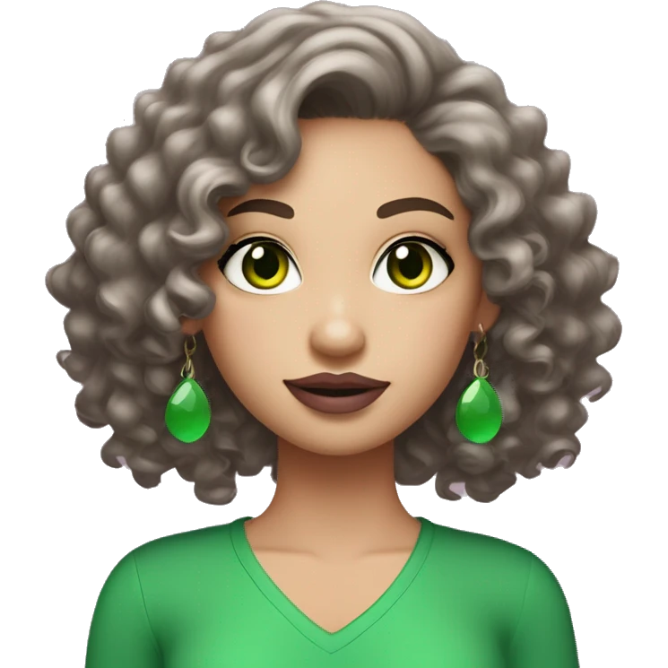Create an emoji-style character of a WHITE skin girl with bright green eyes, long black curly or wavy hair, wearing hoop earrings. She has a green v-neck top, wears mascara, and is styled with soft pink mauve lipstick emoji