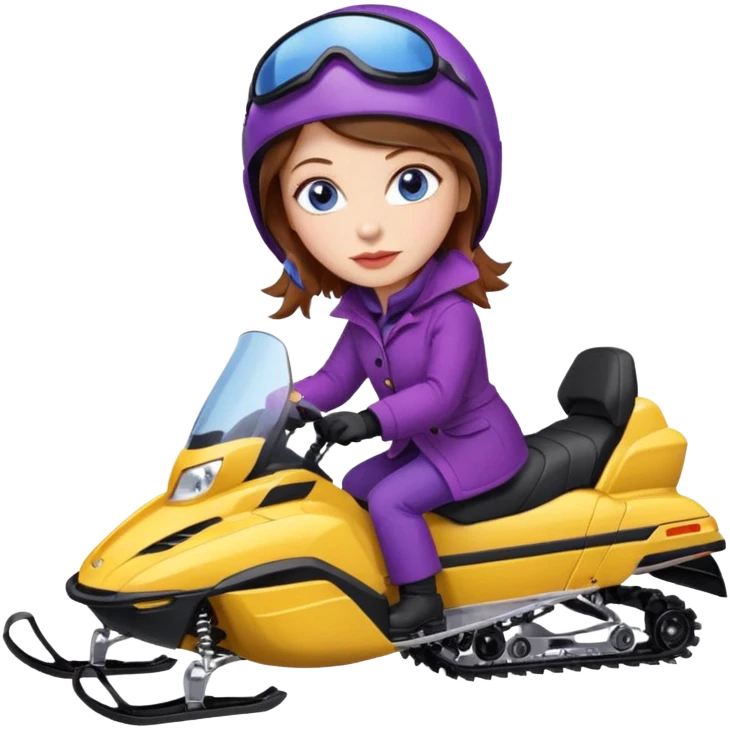 Woman, Brown hair, very blue eyes, wearing a Very red coat  on purple and yellow striped snowmobile emoji