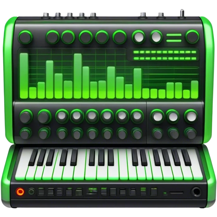 Create a creative and technical emoji that represents sound design. The design should feature a sound mixing console, audio waveforms, and sound effects icons (like a reverb or delay knob) to symbolize the manipulation and crafting of sound. Add elements like a synthesizer or audio interface to reflect the electronic aspect of sound creation. Use colors like neon green, blue, or purple to represent the innovative and experimental nature of sound design. The background should be transparent. emoji