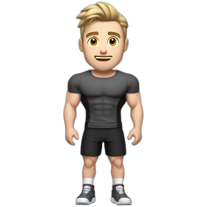 Surprised Pale skinned Fit Man With the biceps and dark brown hair in black shirt, gray sports shorts and white Sneakers emoji