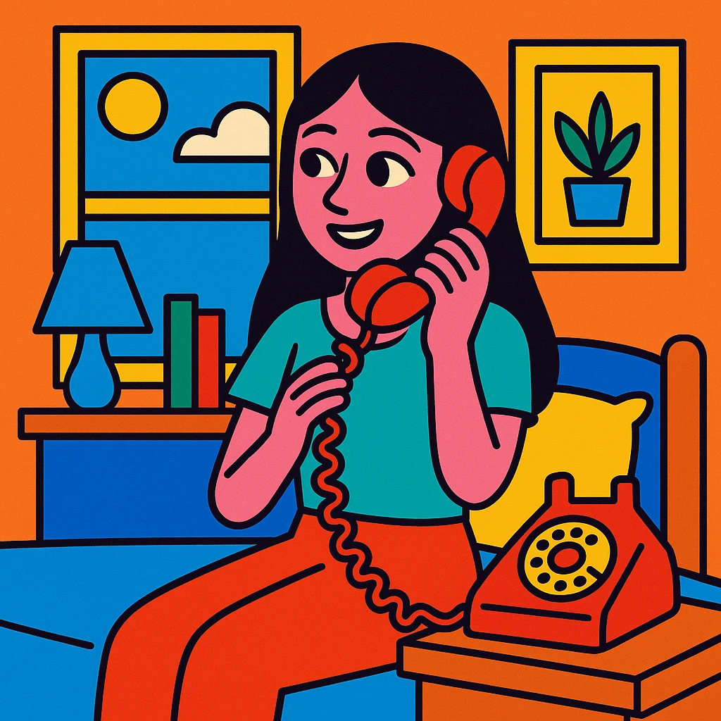 girl talking on telephone in her room emoji
