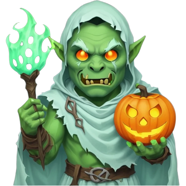 male orc warrior ghost emoji, green skin, tusks, wearing torn white ghost sheet costume, holding glowing jack-o'-lantern, faint blue aura, friendly but spooky expression, Halloween fantasy theme, Apple emoji style, clean white background, square emoji