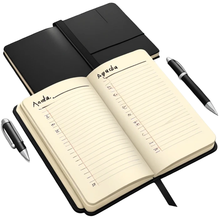 A classic black Moleskine notebook open to show a page with 'AGENDA' written at the top and meeting items listed below with bullet points emoji
