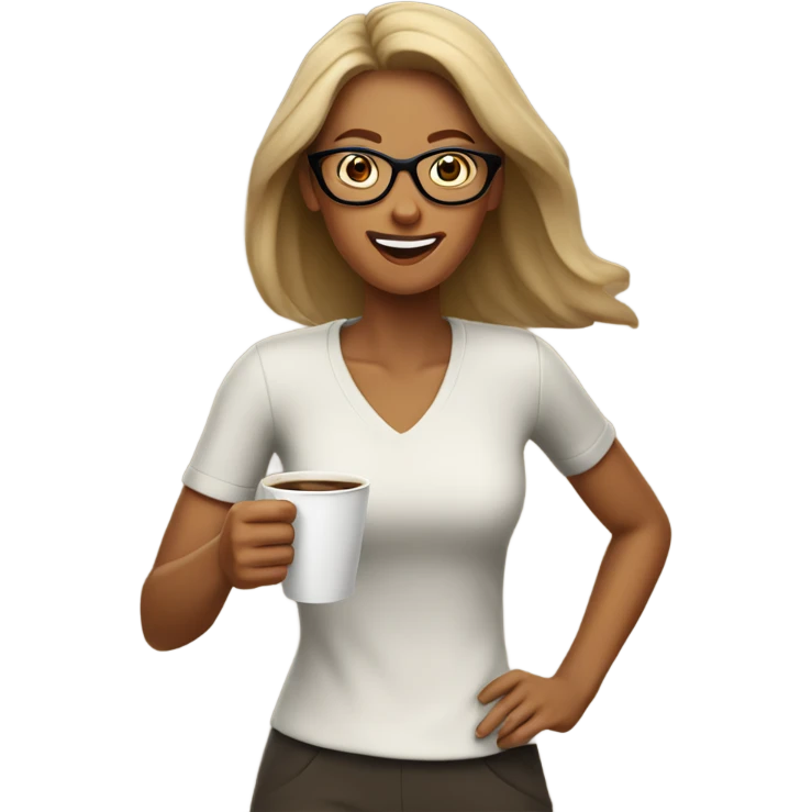 a tan women with glasses who is running as she is holding coffee  emoji