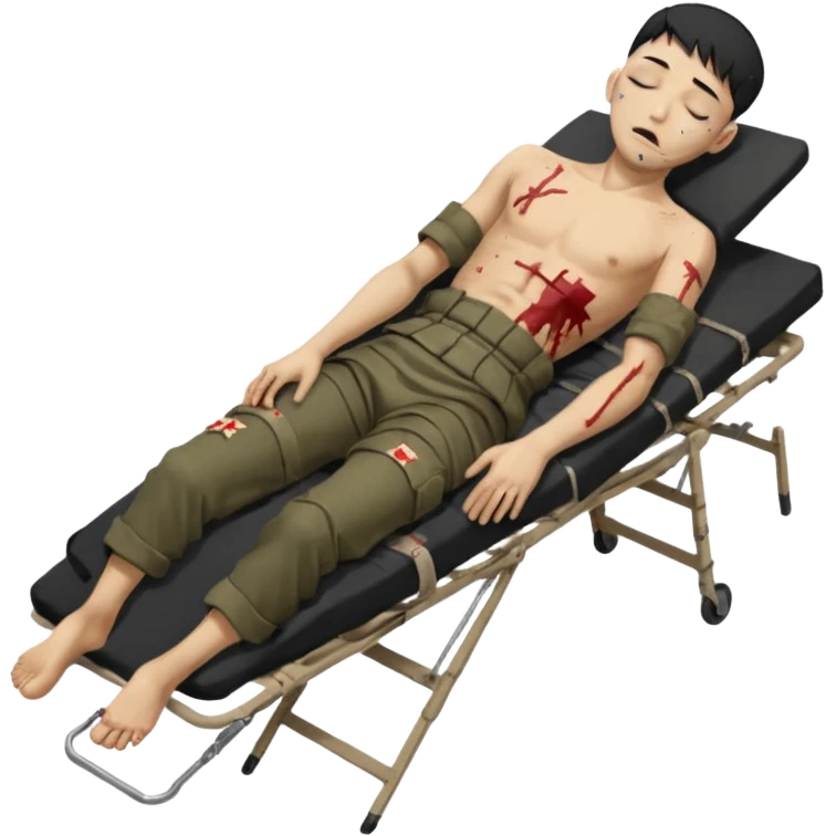 wounded man of oriental appearance, dressed in torn clothes, full length, with closed eyes, head lying on stretcher, in prone position, with injuries on black military stretcher, 1980 emoji