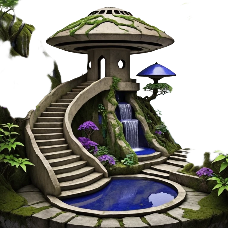 Alien saucer house jungle-vines precarious narrow stairway fountain mountain-island landscape antique mudman very old broken cracked intricate Stone Age lapis-crusted irregular dodecagon-shaped shallow dark moss rough bark violet serissa flowered maple tree bonsai pot emoji