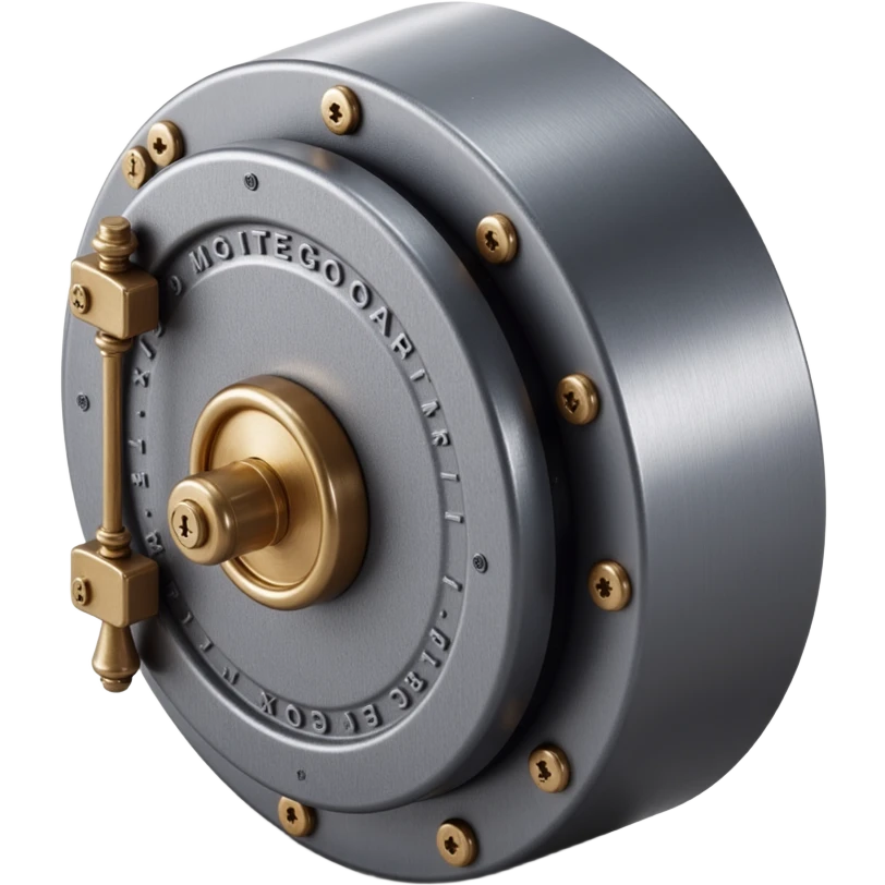 a bank vault door with a combination lock, skeuomorphism style, metallic shine, realistic shadows, embossed details emoji