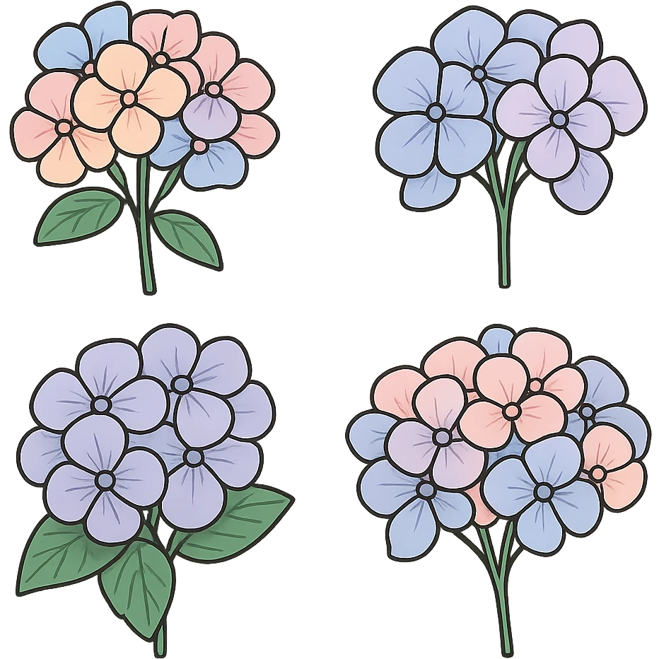 Hydrangea with leaves, detailed with shadows and highlights, in icon-color-outlined style with thin clean outlines and soft rounded shapes. Use a pastel palette #98B5BC, #B5B3C1, #C9A3C9, #E4C0CA, #F7DCD1, #F7C0AA. Transparent background. Inspired by the reference image, emphasize harmony of colors and leaves. emoji