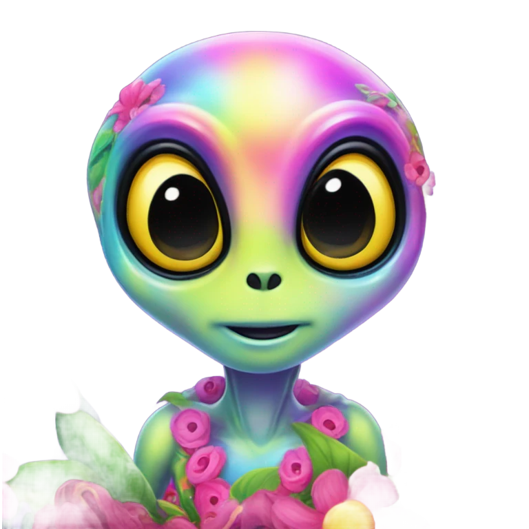 Lisa frank alien with big head and big black eyes with flowers emoji