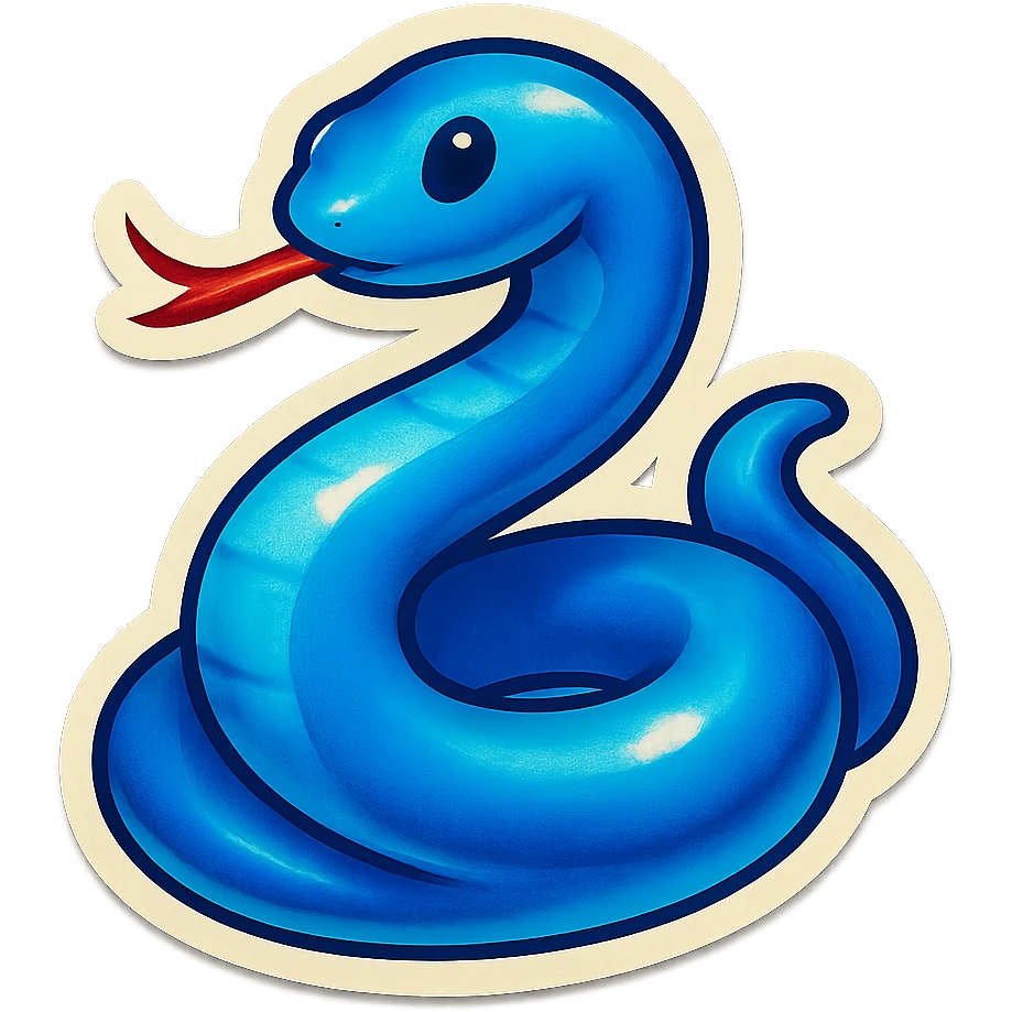 blue snake with a flicking tongue, retro sticker style emoji