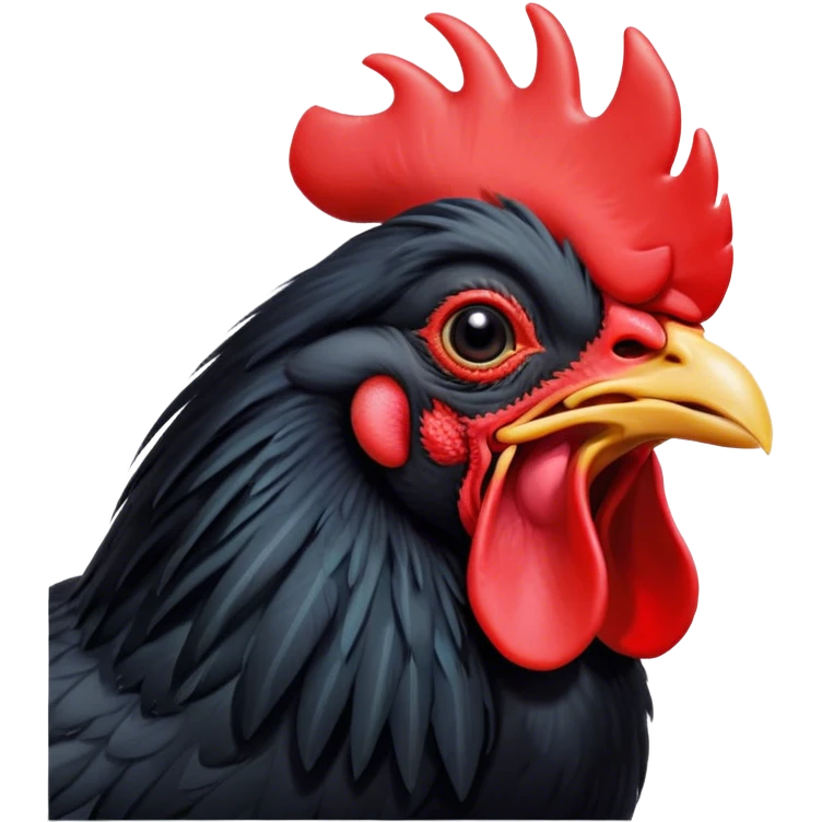 Cinematic Cute Yawning Black Rooster Portrait Emoji, Head tilted slightly with a dramatic, wide-open yawn, showcasing a soft, downy black plumage with a crisp red comb and drooping wings, round eyes barely open in drowsy contentment, Simplified yet irresistibly adorable features, highly detailed, glowing with a soft, cozy glow, high shine, relaxed yet expressive, stylized with a touch of whimsy, bright and endearing, soft glowing outline, capturing the essence of a sleepy yet affectionate rooster, so drowsy it feels like it could stretch out of the screen and curl up for a nap! emoji