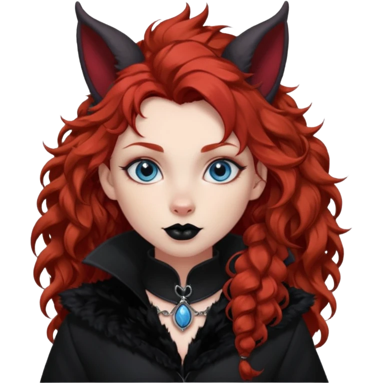  long curly red hair (darker), red pointed ears with black trim, black goth outfits, body and face human, blue eyes, more pointy chin, black lipstick, big fluffy red squirrel tail with black tips, like the attached photo with more outfits and poses,  emoji