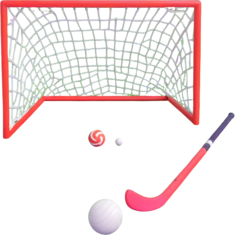 field hockey stick and ball on vibrant green grass field with goalposts emoji