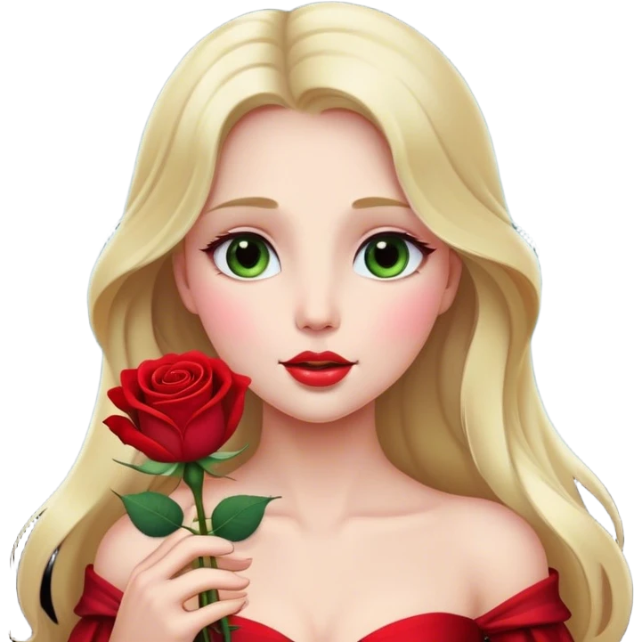 Cinematic Elegant Aurora Portrait Emoji, Delicately holding a single red rose, gazing with soft wonder, lips gently parted as if about to sing, the picture of grace and elegance, glowing with royal charm! emoji