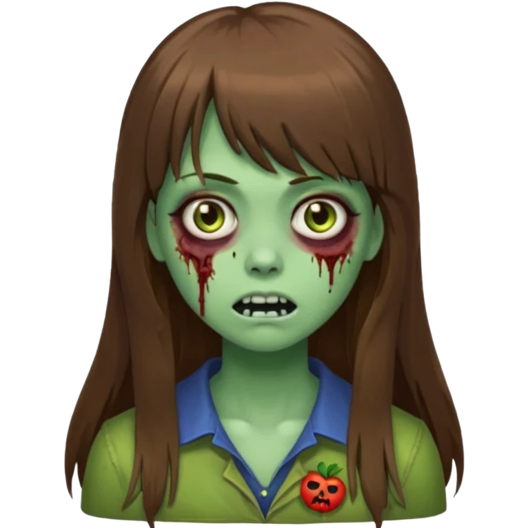 zombie girl, with long brown hair and bangs, ex with emojis:🧟‍♀️🙍‍♀️ emoji