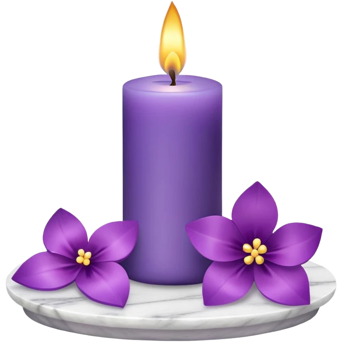 Purple candle on a white marble-candle-holder-stand, with flowers next to, and flower petals, and bow tie emoji