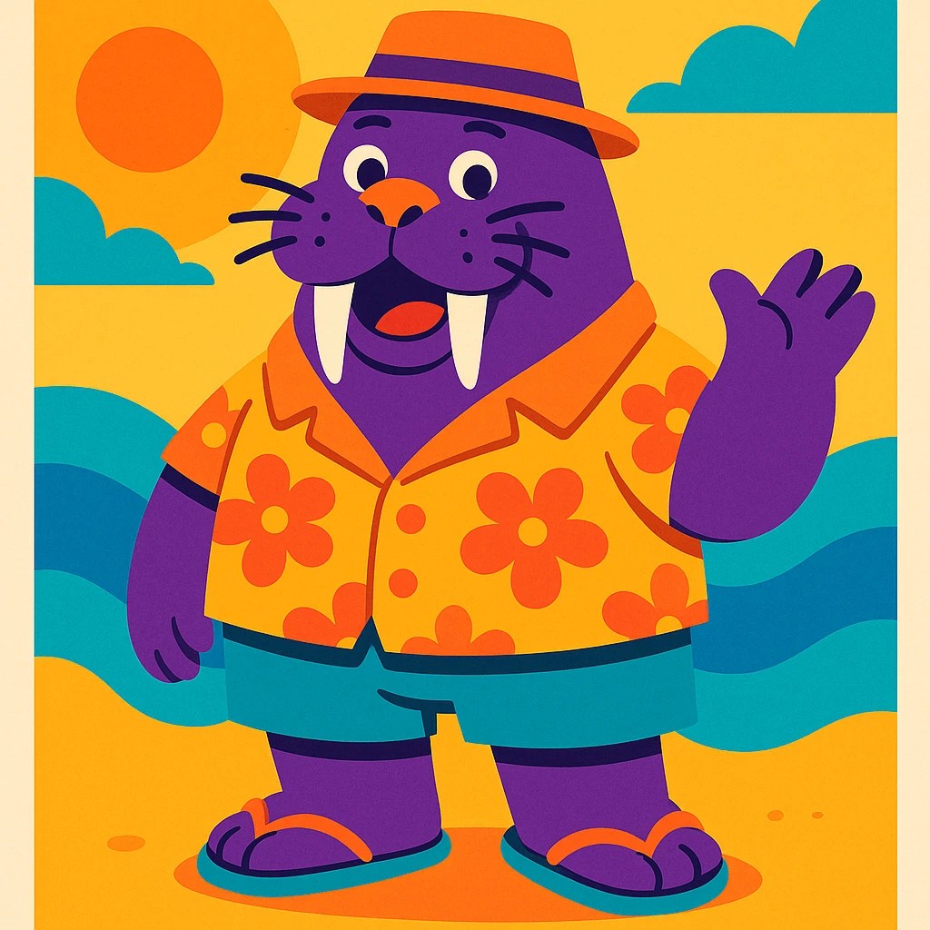purple walrus wearing summer clothes, vibrant and playful emoji