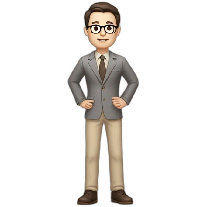 Full height Pale skinned Fit Man With dark brown hair in gray classic jacket, beige office shirt, Brown pants and vintage glasses. Thrumbs of his palms upwards emoji