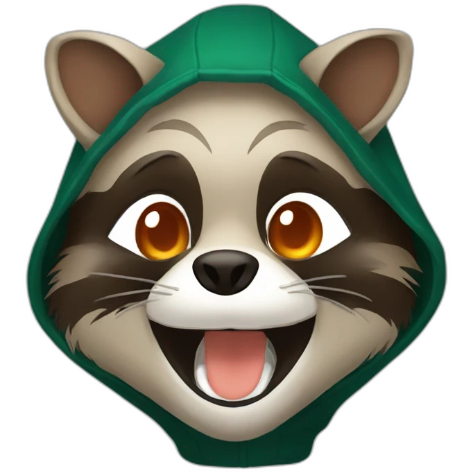 brown raccoon with orange eyes and a dark green hood that is laughing emoji