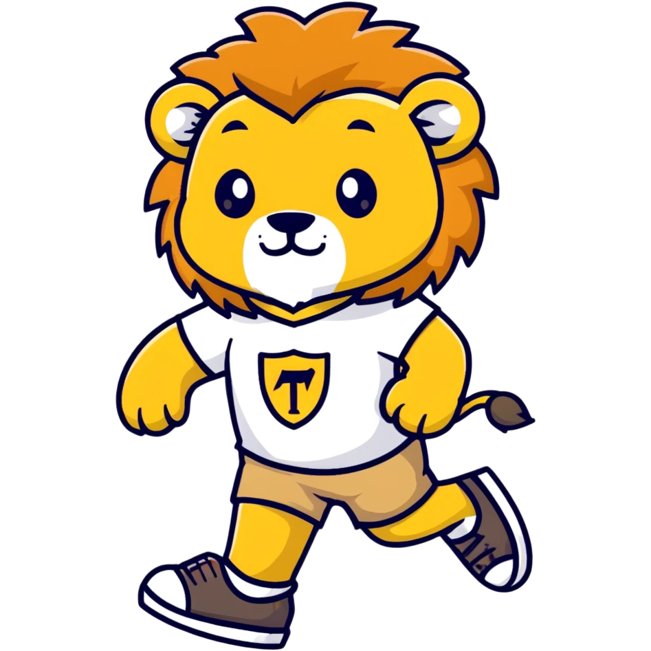 retro 1930s anthropomorphised lion in a t-shirt and shorts walking, black and white emoji