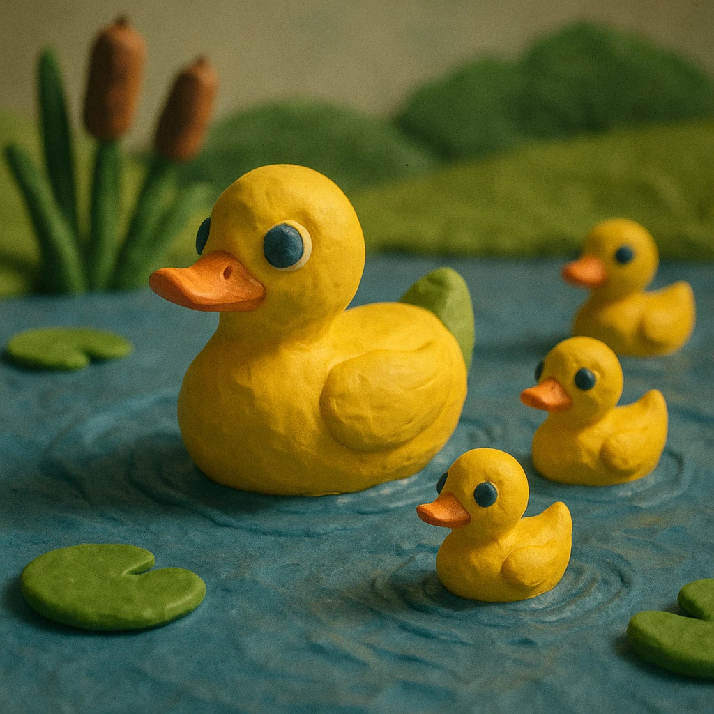 duck family swimming in a pond, vibrant colors, soft lighting, textured look, claymation style emoji