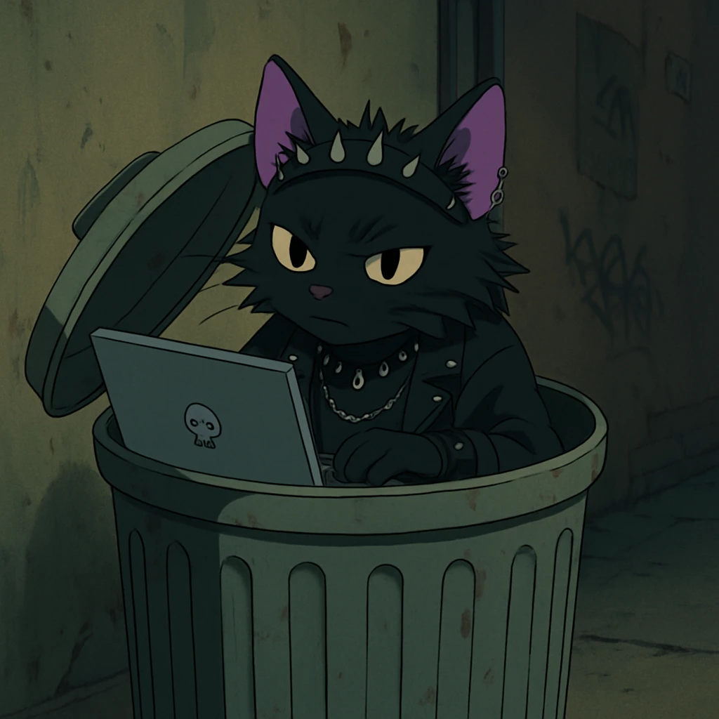 a garbage can with a cyberpunk goth punk cat holding a laptop poking out of it, in the style of Ghibli emoji
