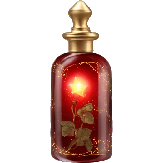 Dark red magic fairy light sparkling old Antique oil perfume bottle with herbal and rose flowers emoji