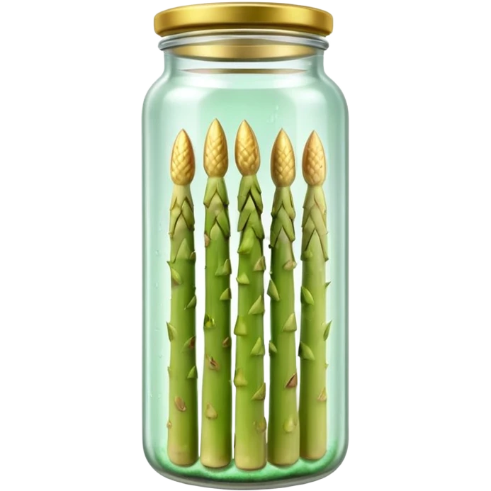 tall clear glass jar filled with upright pale white or green asparagus spears submerged in brine, sealed metallic lid gold or green, slim smooth spears neatly arranged tips upward, no label plate or extras, soft lighting, subtle shadows, transparent background, emoji scale emoji