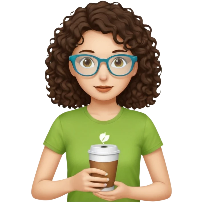 White girl with dark brown curly hair, brown eyes, sky blue glasses, apple green t shirt, drinking coffee emoji