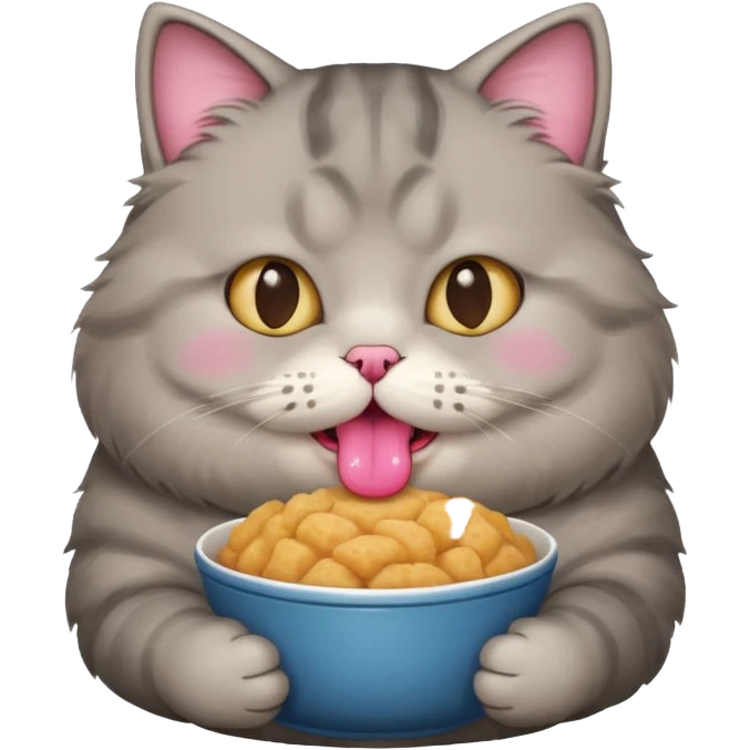 Gray cute cat eating food with cheeks full fat very very fat  emoji