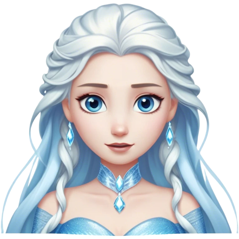 Cinematic Elegant Snow Queen Portrait Emoji, rendered in a realistic, vector-style with minimal shading and bold, simplified shapes. Depict Elsa (chest and above) with icy pale skin, long flowing platinum hair, and piercing blue eyes that exude quiet power, dressed in a shimmering ice-blue gown. The image glows with a soft, frosty radiance and high shine, capturing her ethereal, regal beauty. emoji