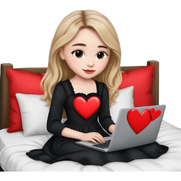 Sabrina carpenter in a black nightdress sitting on a bed with her laptop open and there is a heart on her laptop  emoji