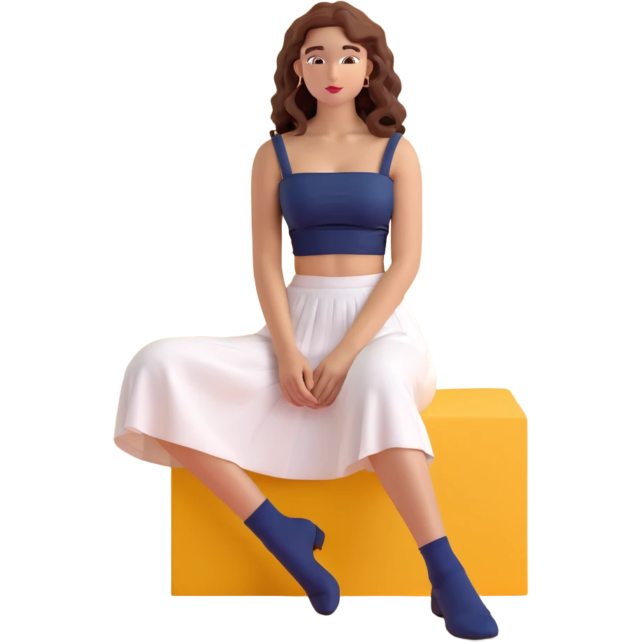 tan girl with wavy hair, white long skirt, navy blue ruched square neck crop top, sitting emoji