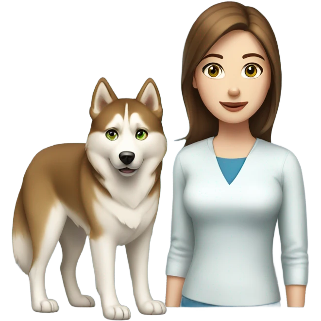 White Woman hair brown and bleus eyes and golden Husky With green eyes emoji