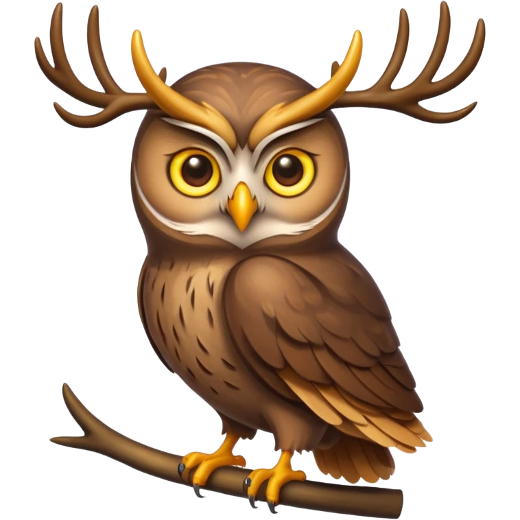 Emoji chouette  brun clair, yeux jaunes brillants, bec recourbé, sagesse et puissance, perchée sur un cerf emoji