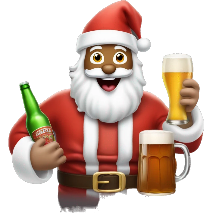 Excited white Santa's face sticking out tongue and rudolph holding beers with sled emoji