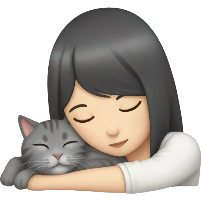 Gray cat sleeping with Asian girl emoji
